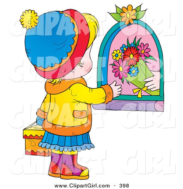 Clip Art of a Shopkeeper Giving Flowers to a Little Girl Carrying a Gift on Mothers Day