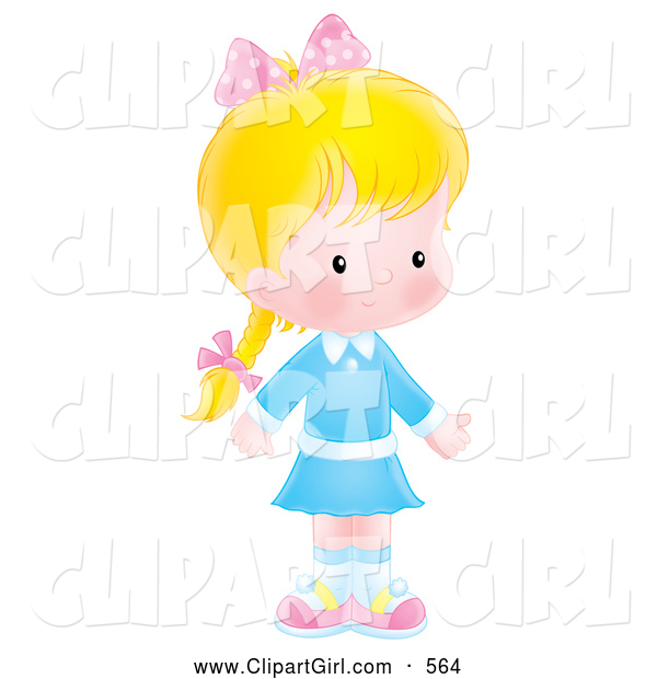 Clip Art of a Shy Blond Caucasian Child Girl in a Blue Dress, Wearing a Pink Bow Atop Her Braid