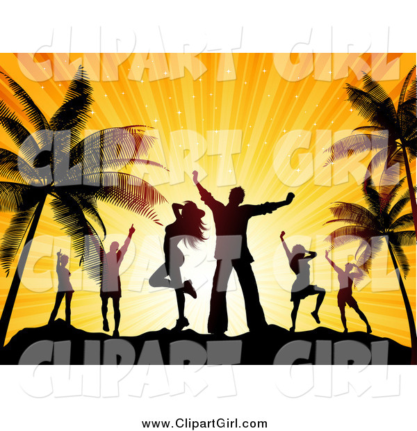 Clip Art of a Silhouetted Dancers over an Orange Sunset on a Tropical Beach