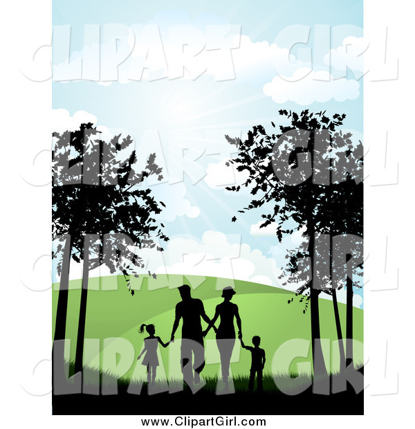 Clip Art of a Silhouetted Family Holding Hands While Walking on a Path