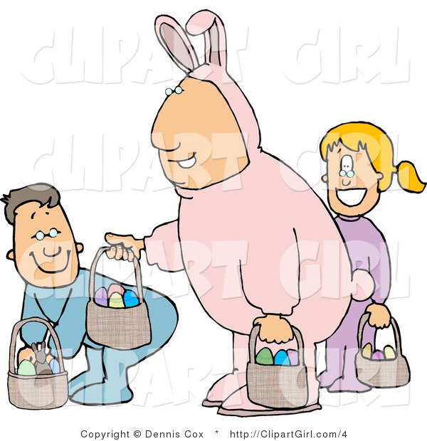 Clip Art of a Single Father Wearing a Pink Easter Bunny Costume and Participating in an Easter Egg Hunt with His Son and Daughter