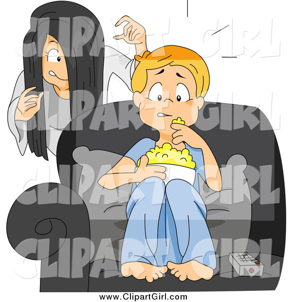 Clip Art of a Sister Sneaking up on Her Brother While He Watches a Scary Movie