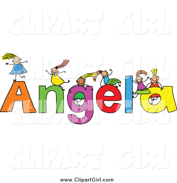 Clip Art of a Sketch of Girls Playing on the Name Angela
