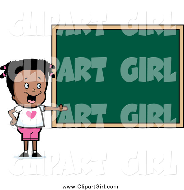 Clip Art of a Smart Black School Girl Presenting a Blank Chalkboard