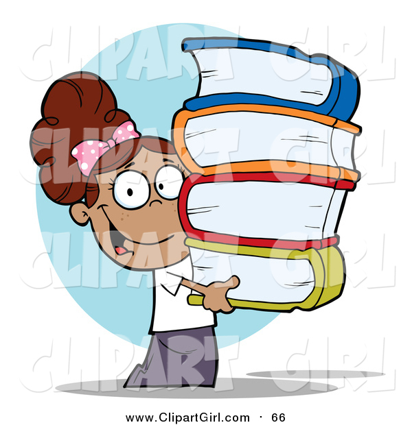 Clip Art of a Smart Hispanic School Girl Carrying a Stack of Books over Blue