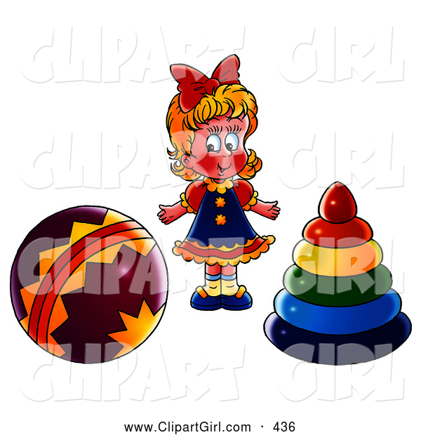 Clip Art of a Smiling Blond Girl Standing Between a Ball and Ring Toys
