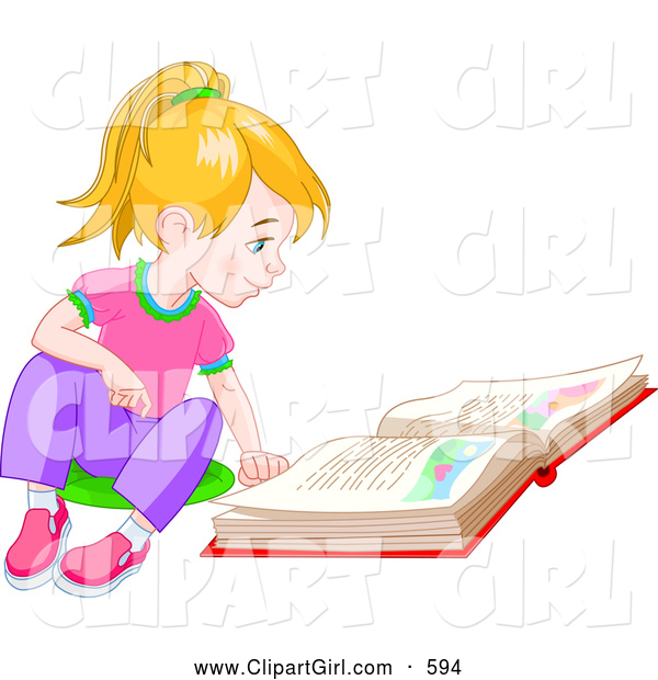 Clip Art of a Smiling Blond Little Girl Sitting on the Floor and Reading a Story Book
