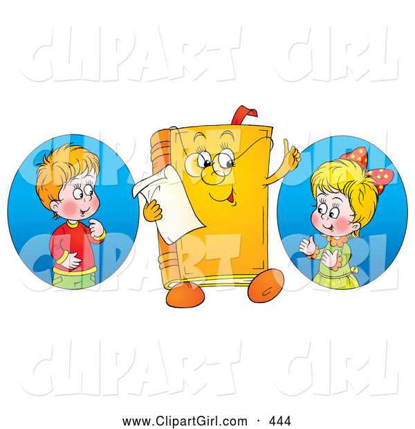 Clip Art of a Smiling Boy and Girl Looking at a Book Character Wearing Glasses