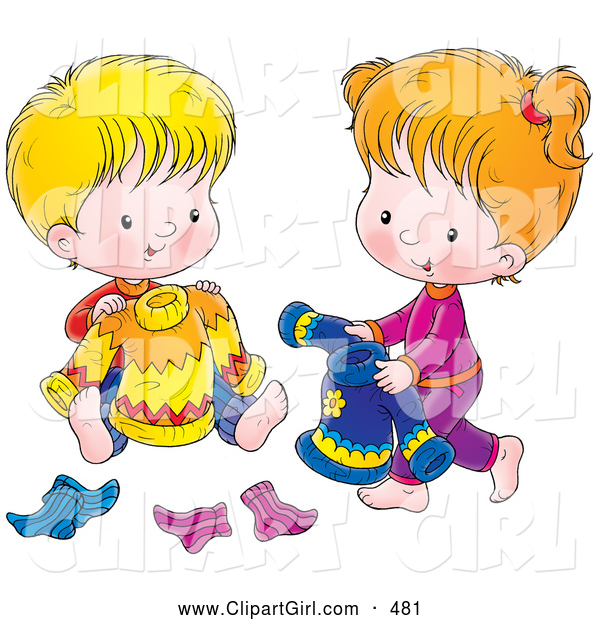 Clip Art of a Smiling Boy and Girl Picking out Sweaters and Socks to Wear for the Next Day