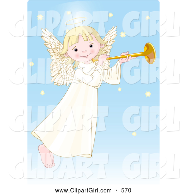 Clip Art of a Smiling Cute, Innocent, Blond Femal Angel with a Halo, Playing a Horn