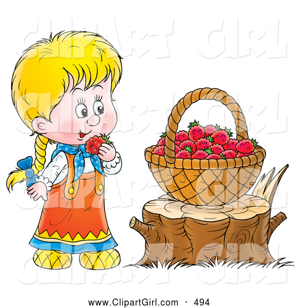 Clip Art of a Smiling Cute Little Blond Girl Snacking on Red Raspberries from a Basket on a Tree Stump