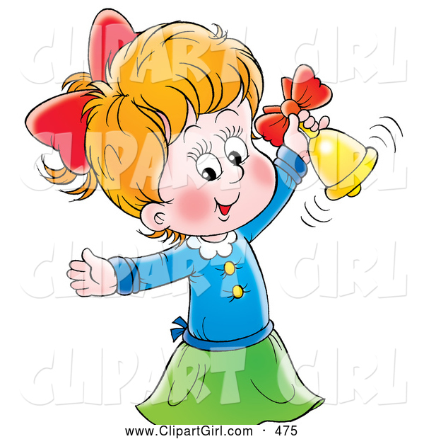 Clip Art of a Smiling Cute Little Girl Ringing a Golden Bell