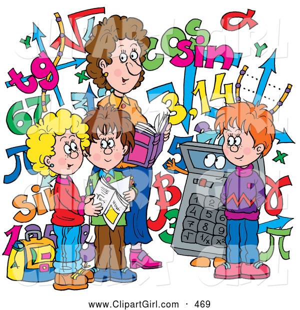 Clip Art of a Smiling Female Math Teacher and Students with a Calculator and Numbers