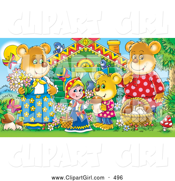 Clip Art of a Smiling Goldilocks Standing Outside a Cabin with TheThree Bears, Mushrooms, Butterflies and Birds
