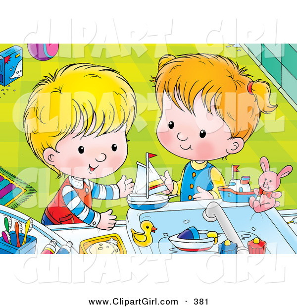 Clip Art of a Smiling Happy Boy and Girl Playing with Bath Toys in a Sink