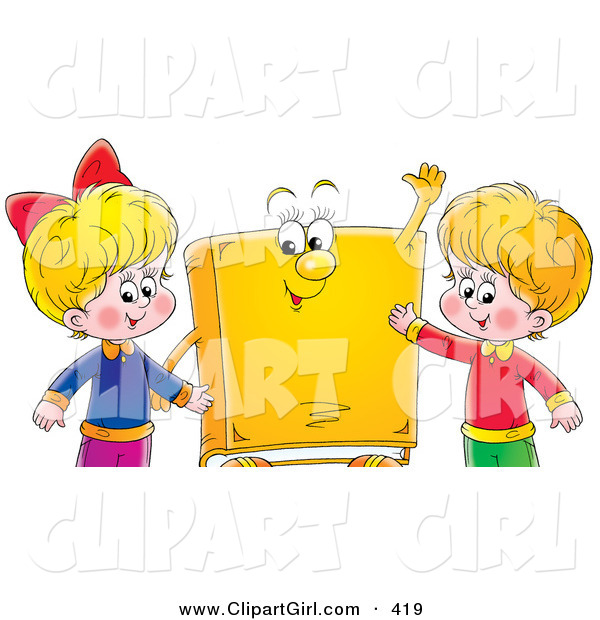 Clip Art of a Smiling Happy Boy and Girl Standing with a Yellow Book Character
