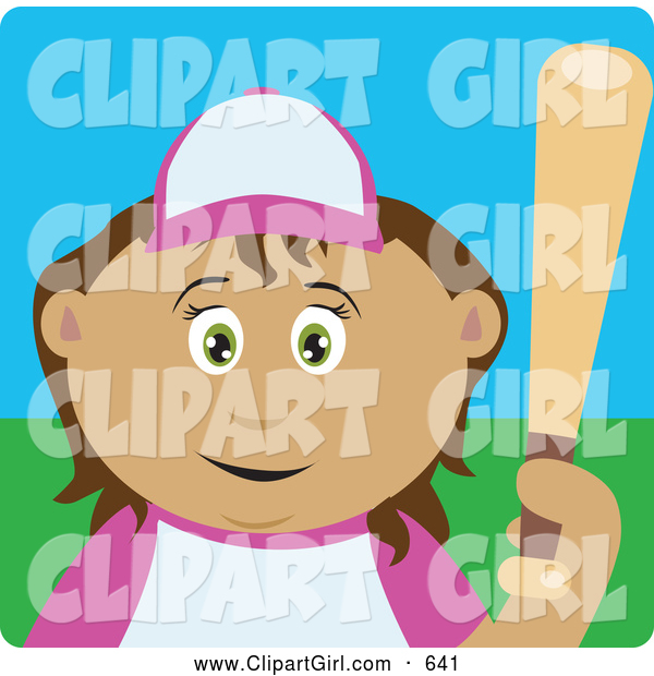 Clip Art of a Smiling Hispanic Girl Batting During a Baseball Game