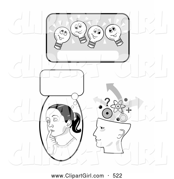 Clip Art of a Smiling Lightbulb Text Box, Girl in Thought and Human Head Brainstorming