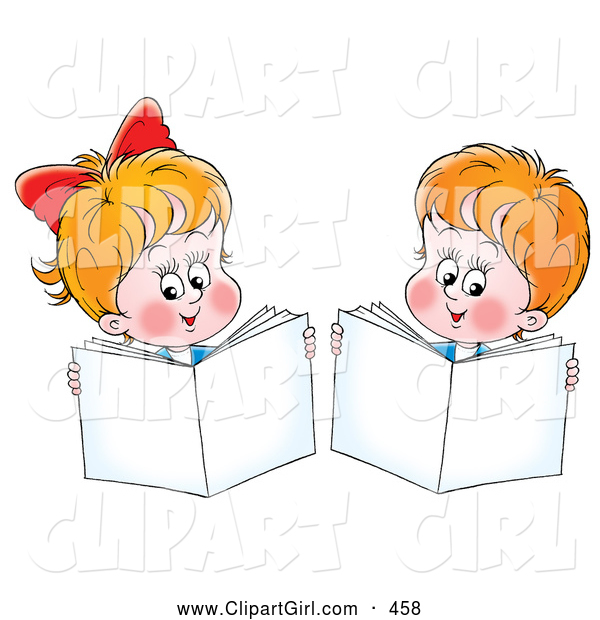 Clip Art of a Smiling Little Boy and Girl Holding up Books While Reading