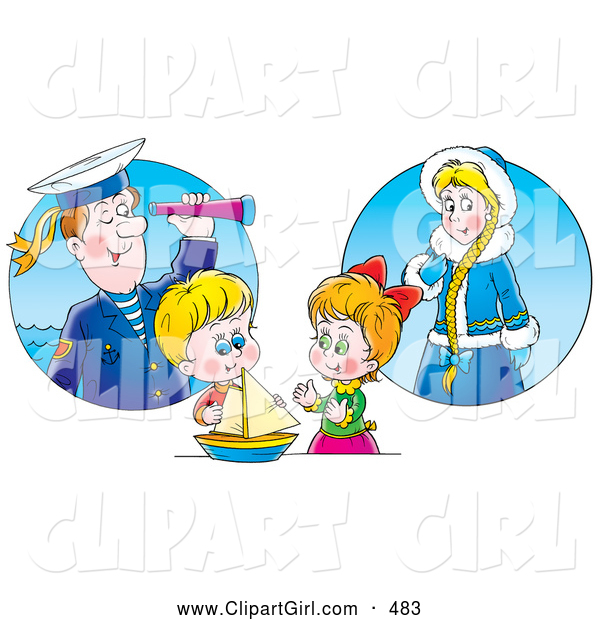 Clip Art of a Smiling Little Boy and Girl Playing with a Boat and Imagining Their Ancestors