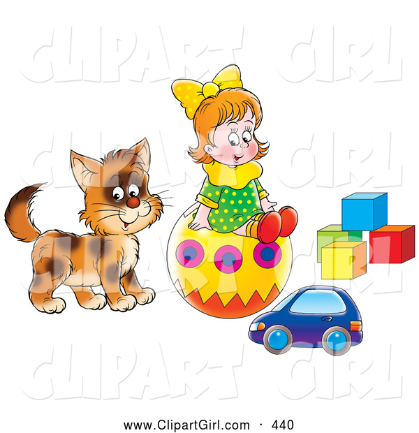 Clip Art of a Smiling Little Girl and Cat Playing with a Toy Car, Ball and Blocks