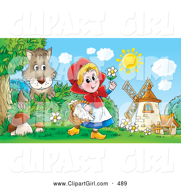 Clip Art of a Smiling Little Red Riding Hood Carrying a Basket and Playing with a Flower near Windmills As a Wolf Watches
