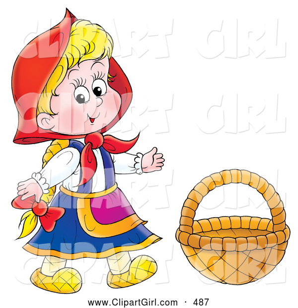 Clip Art of a Smiling Little Red Riding Hood Wearing Her Cape, Standing by a Basket