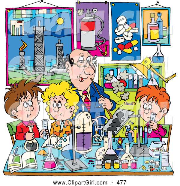 Clip Art of a Smiling Male Teacher Supervising School Boys and Girls in a Science Lab