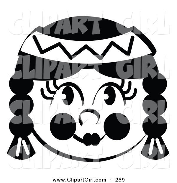 Clip Art of a Smiling Native American Indian Female's Face, Her Hair in Braids, Wearing a Headband