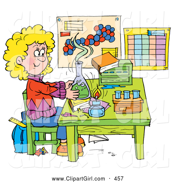 Clip Art of a Smiling School Girl Conducting a Science Experiment in a Lab