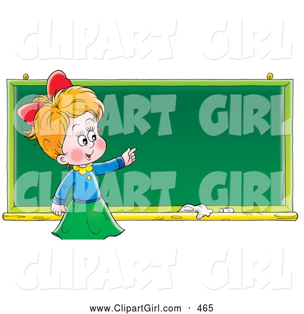 Clip Art of a Smiling Smart School Girl Standing in Front of and Pointing to a Blank Chalk Board