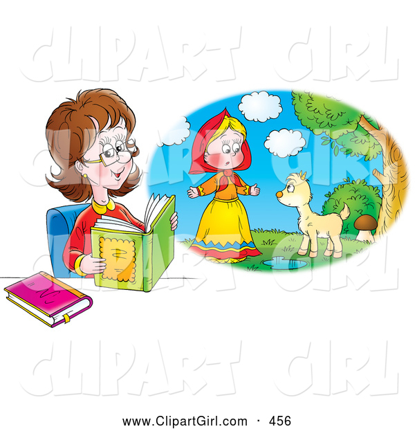Clip Art of a Smiling Woman Reading a Book and Imagining That She Is in the Story