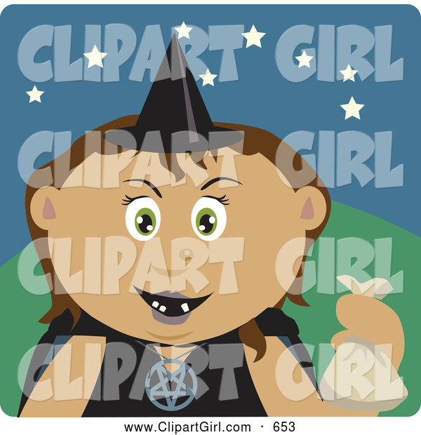 Clip Art of a Spooky Hispanic Girl Trick or Treating on Halloween in a Witch Costume