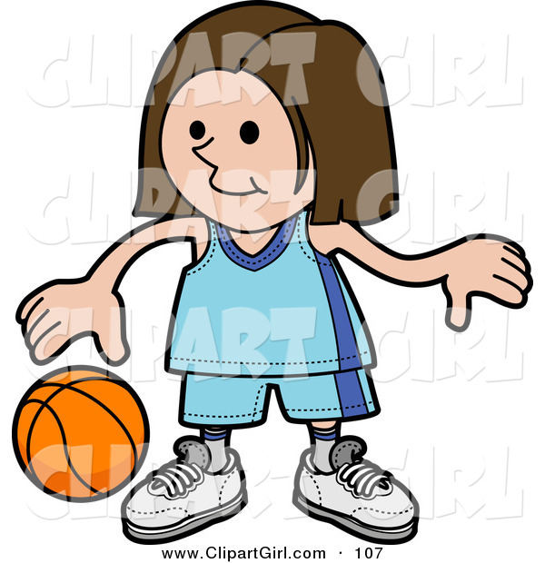 Clip Art of a Sporty White Girl in a Blue Uniform Dribbling a Basketball During Practice