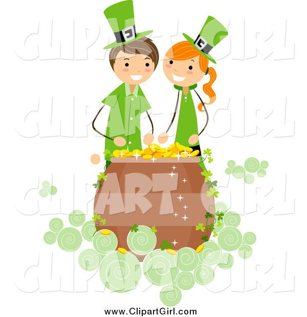 Clip Art of a St Patricks Day Girl and Boy over a Pot of Gold