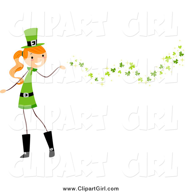 Clip Art of a St Patricks Day Stick Girl and Clovers