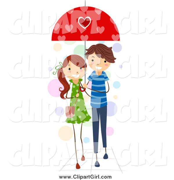 Clip Art of a Stick Couple Sharing an Umbrella