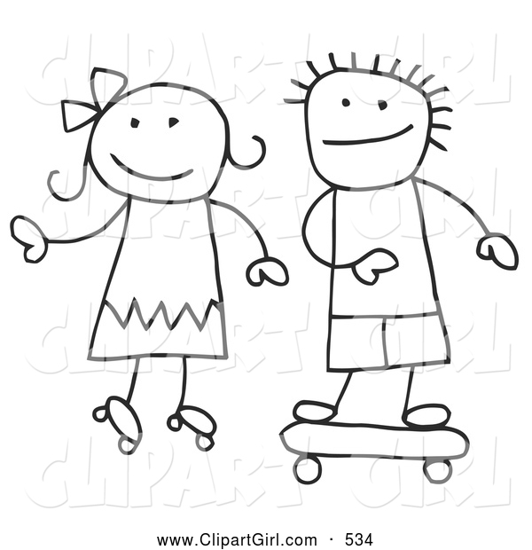 Clip Art of a Stick Figure Boy and Girl Skateboarding and Roller Skating
