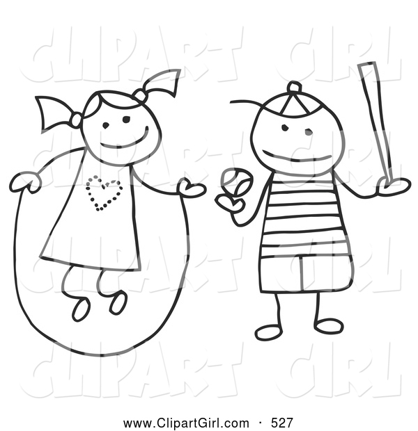 Clip Art of a Stick Figure Girl and Boy Jumping Rope and Playing Baseball