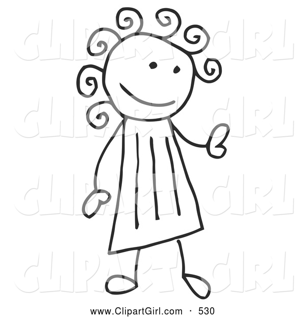 Clip Art of a Stick Figure Girl with Curly Hair