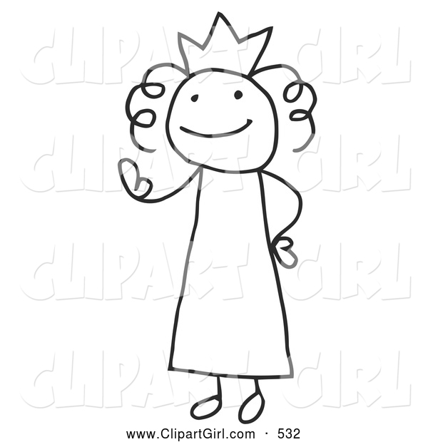 Clip Art of a Stick Figure Queen or Princess Wearing a Crown and Waving