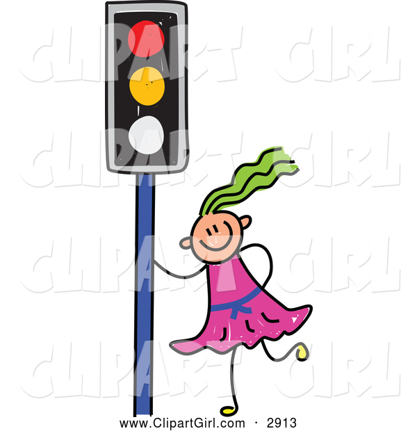 Clip Art of a Stick Girl by a Traffic Light
