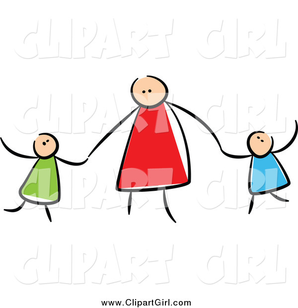 Clip Art of a Stick Mother Holding Hands with Her Children