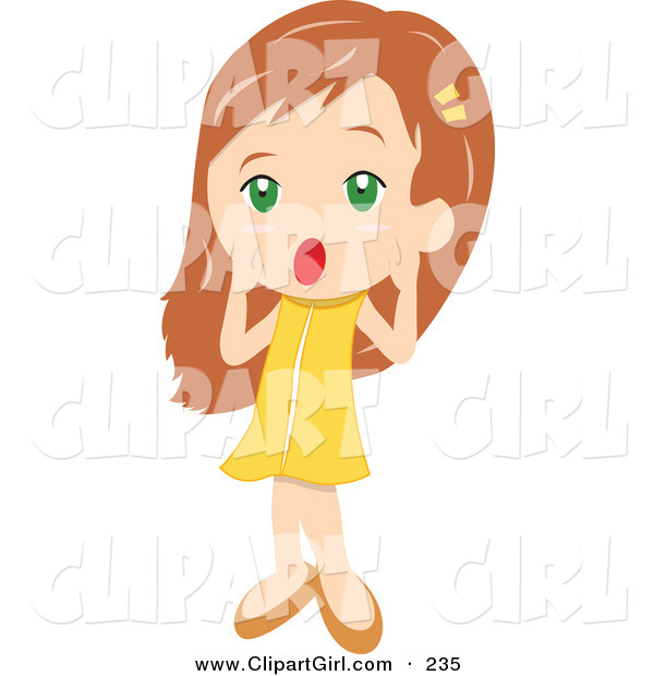 Clip Art of a Surprised Little Girl in a Yellow Dress, Holding Her Hands Around Her Mouth and Shouting