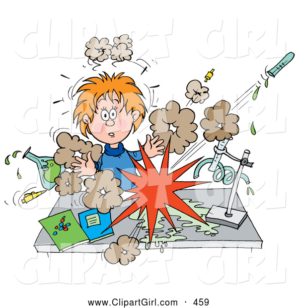 Clip Art of a Surprised School Girl Conducting a Chemistry Experiment While Her Chemicals Explode