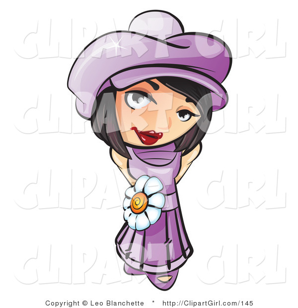 Clip Art of a Sweet and Attractive Short Haired Brunette Girl in a Purple Hat and Dress with a White Daisy Belt