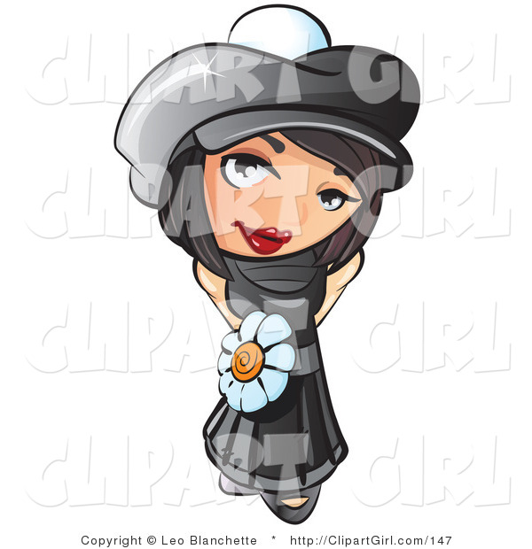 Clip Art of a Sweet and Attractive Short Haired Brunette Woman in a Black Hat and Dress with a White Daisy Belt Around Her Waist