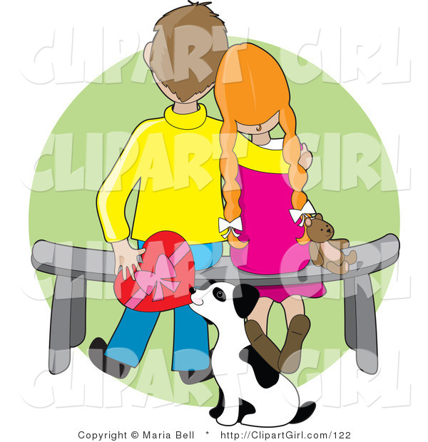 Clip Art of a Sweet Boy Sitting on a Bench Beside His Red Haired Girlfriend Who Is Resting Her Head on His Shoulder near Her Dog