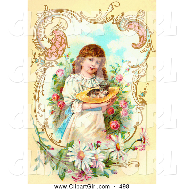 Clip Art of a Sweet Little Victorian Girl Gently Carrying a Calico Kitten in a Hat Through a Rose Garden, Framed by Scrolls and Daisies