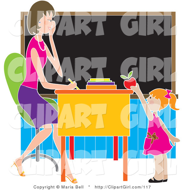 Clip Art of a Sweet Red Haired School Girl Teacher's Pet Standing in Front of Her Female Teacher's Desk in a Classroom, Putting a Red Apple on the Desk